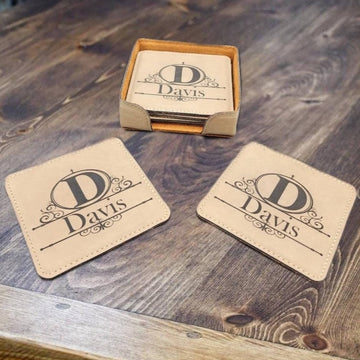 Square Coaster Set, 6 pcs, Custom Engraved, Gift, Home Decor, Wedding, Leather, Housewarming